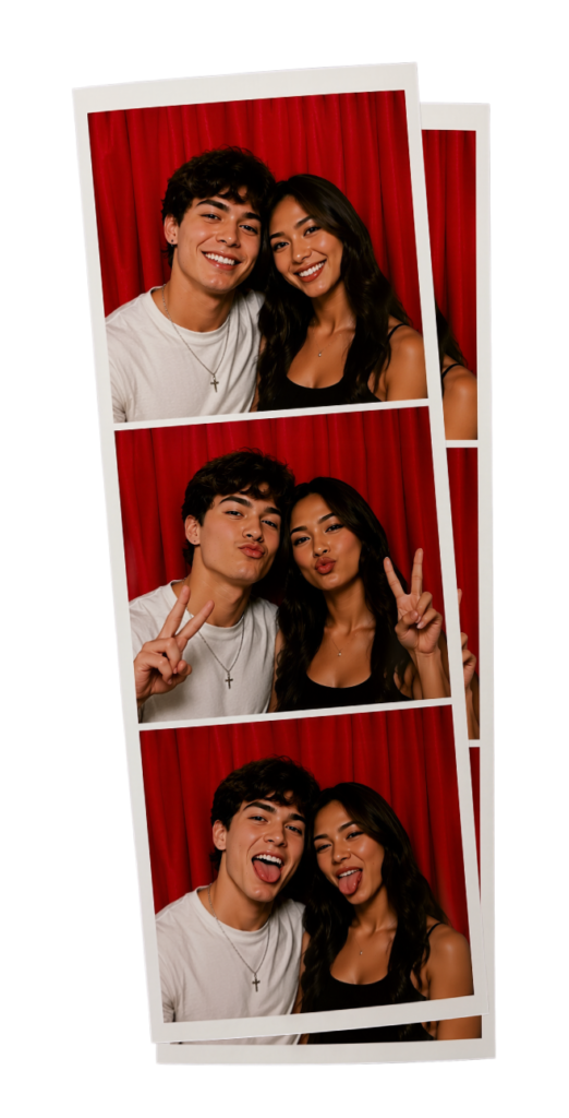 Two photo booth prints of a couple smiling against a red backdrop