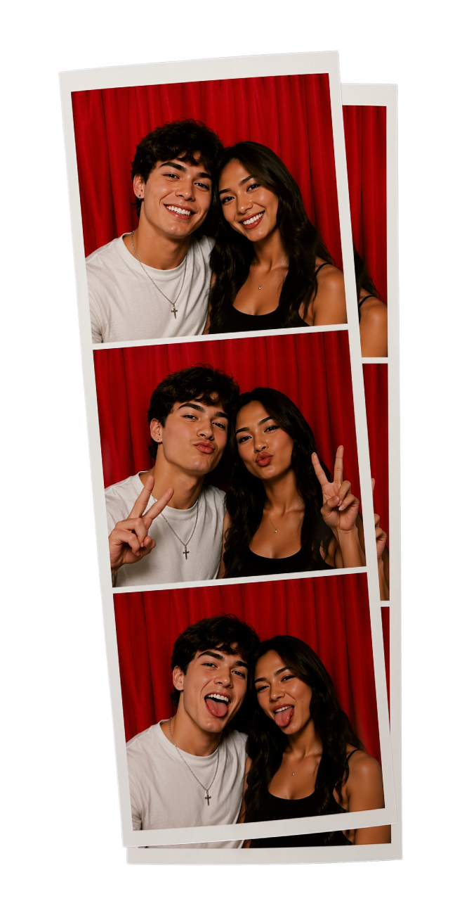 Couple making faces in a SmileMore booth with a red curtain