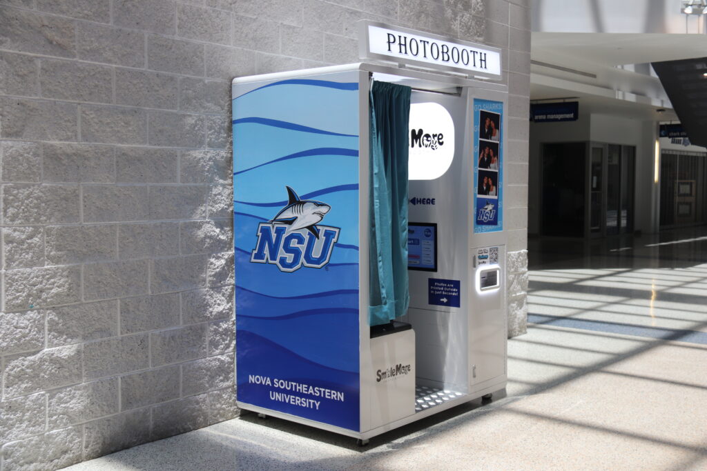 SmileMore photo booth installed at Nova Southeastern University in Davie, Florida, wrapped in NSU Sharks branding