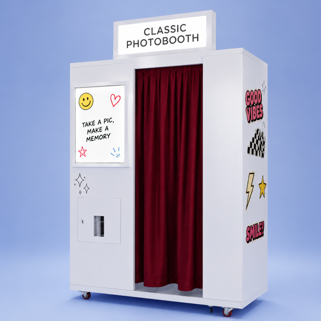 SmileMore Classic photo booth in white with red curtain and sticker decals, available for South Florida event rentals