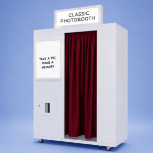 SmileMore Classic enclosed photo booth in white with a red curtain and light-up sign