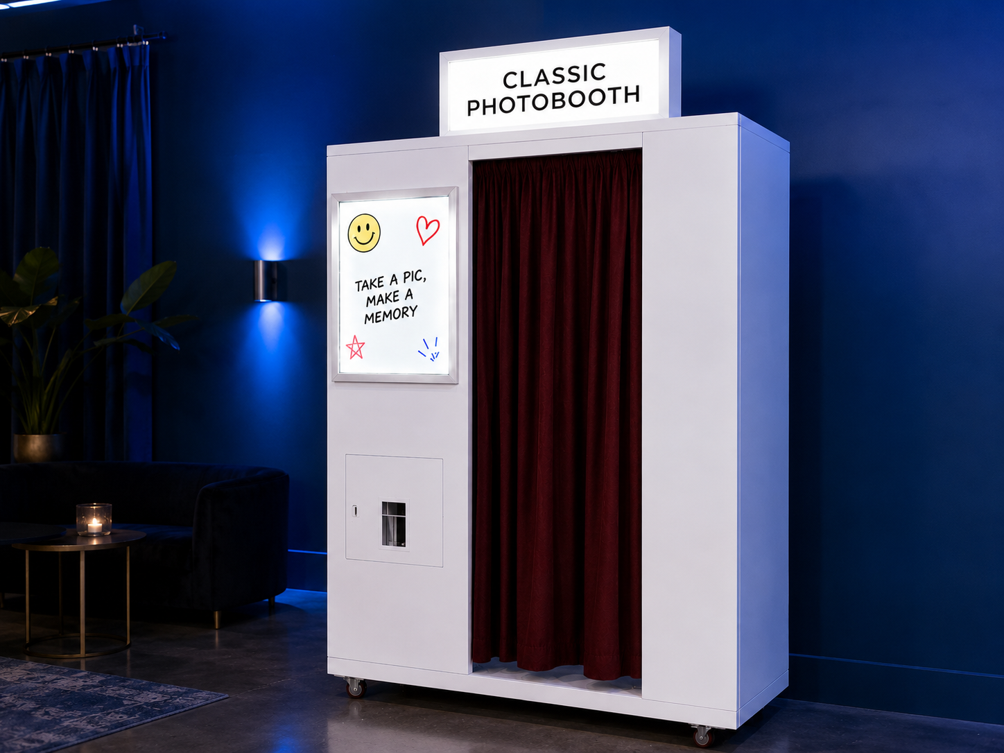 White SmileMore Classic photo booth with red curtain set up in a blue-lit lounge